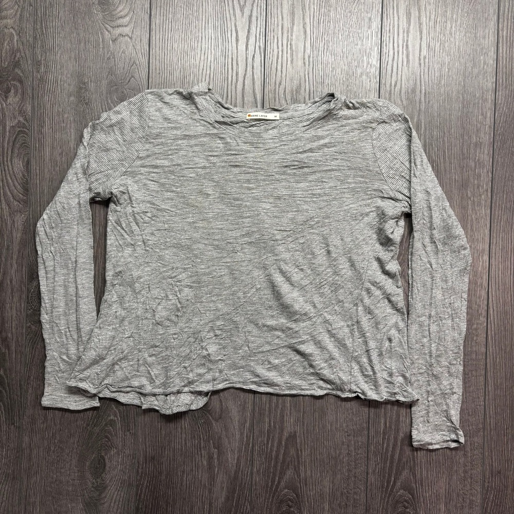 Marine Layer Grey White Striped Crossover Tulip Back Long Sleeve Top Womens M